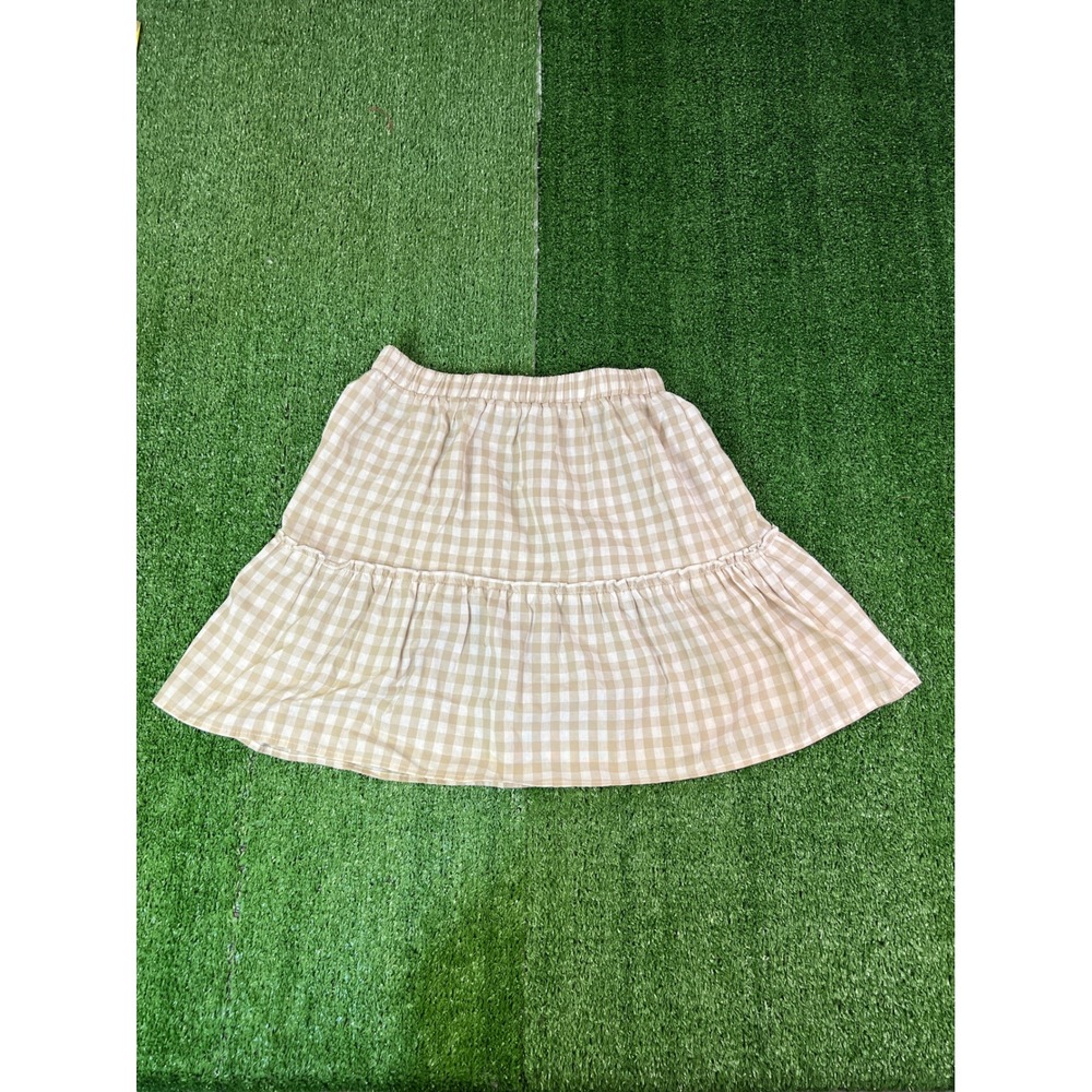 Reverse Tan Plaid Mini Skirt Elastic Waist Ruffle Hem Summer Boho Casual Size SM